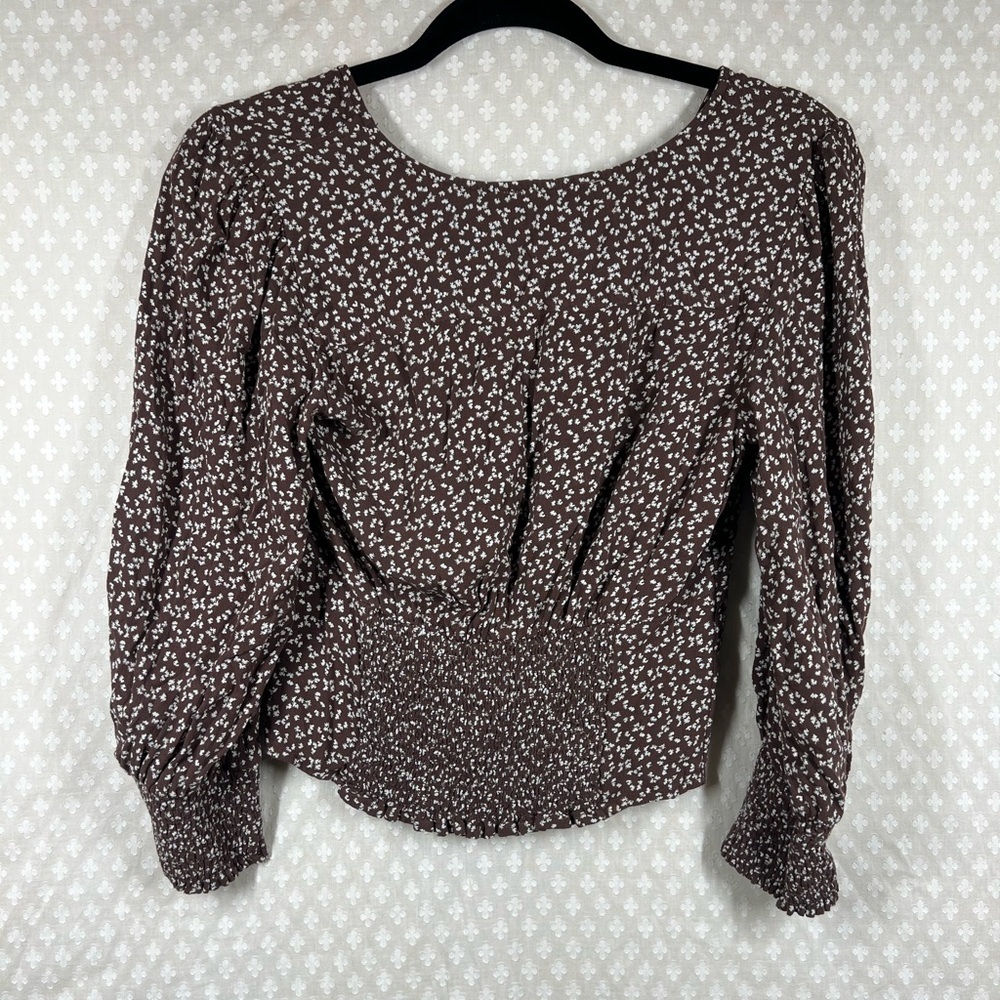 Abercrombie &‎ Fitch Brown White Floral Button Up Puff Sleeve Cropped Top - Picture 7 of 7